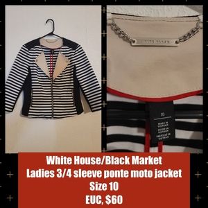 WHBM Ladies 3/4 ponte sleeve moto jacket, size 10